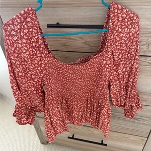 American Eagle Smocked Floral Red Women's Top